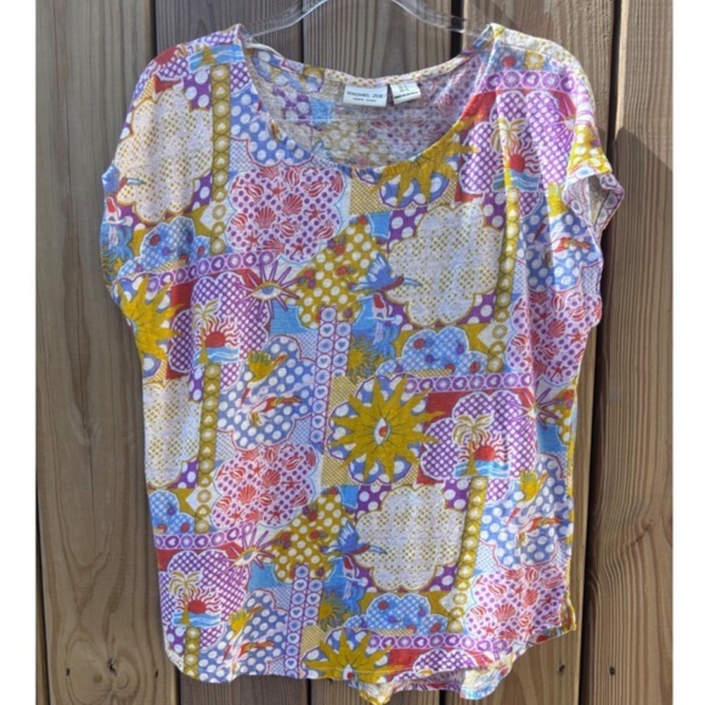 Rachel Zoe Women XL 100% Linen Top Celestial Sun Tropical Print Short Sleeve Tee
